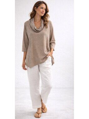 Cut Loose Linen Blend Taupe Tunic Top Cowl Neck Minimalist Capsule Travel Large